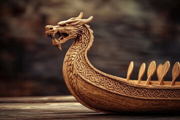 Fototapeta premium Close-up of a finely crafted wooden Viking ship model, showcasing a dragon head figurehead and detailed carvings.