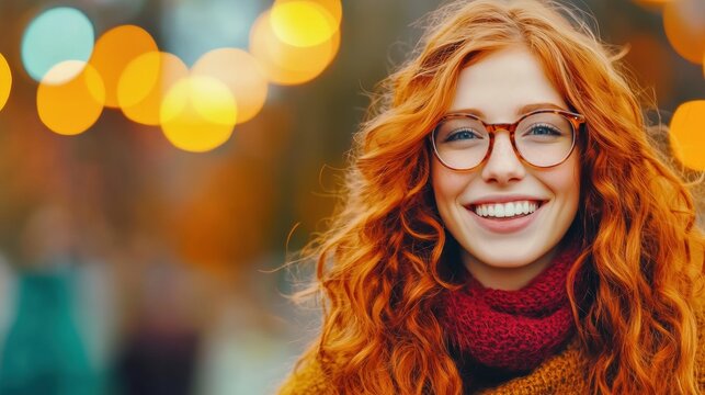 A cheerful young woman with curly red hair is smiling amidst soft twinkling lights in a park during a warm autumn evening