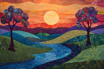 Harmonious Patchwork: The Dreamscape of Dusk in Quilted Art Exploration