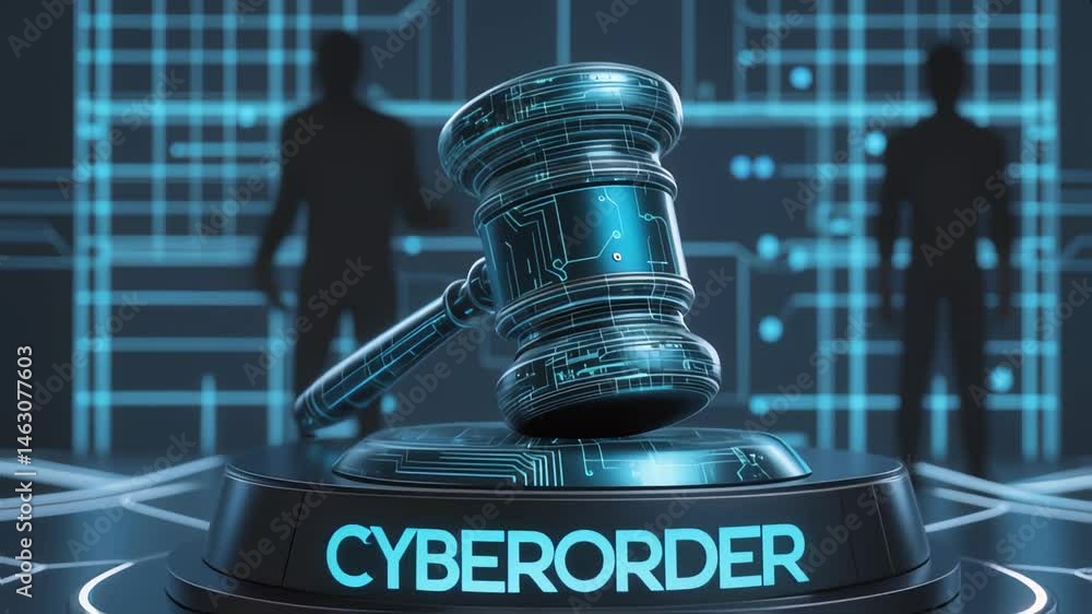 Poster futuristic digital gavel with glowing circuits and text 