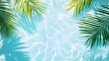 Obraz premium Overhead view of sunlit water with palm fronds framing the scene, evoking summer, relaxation, and tropical vacations in a vibrant, refreshing, and visually appealing composition