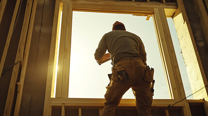 Construction Worker Installing a Window