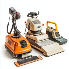 Three Vintage Floor Cleaning Machines on White Background