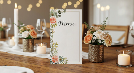 Elegant wedding menu display mockup with floral design on a table  