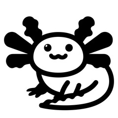 Cute axolotl illustration, black and white vector art, happy expression, simple design, isolated on white background.