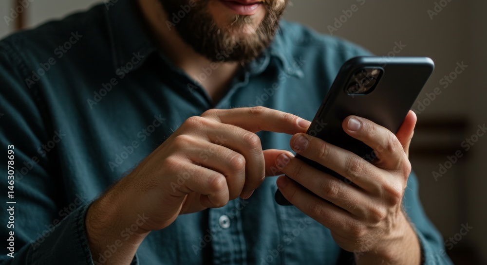 Poster man using smartphone, browsing the internet, or texting on a mobile phone close up
