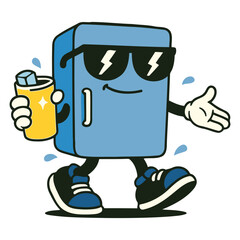 Cool Cartoon Refrigerator Character Holding Drink with Sunglasses