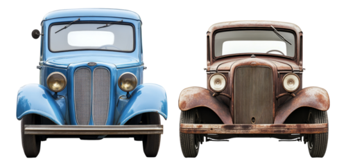 Vintage Blue and Rusty Brown Trucks Facing Each Other in Studio