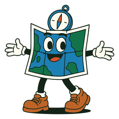 Cartoon Map Explorer Character with Compass on Head and Boots