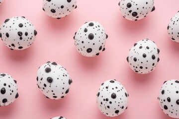 White eggs with black polka dots and splotches, arranged in a grid pattern on a pink background