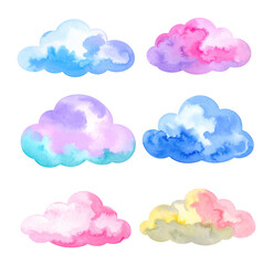 Unique Watercolor Clouds Collection with Diverse Hues and Shades, Isolated on Transparent Background