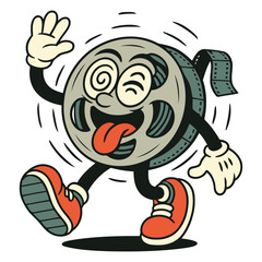 Fototapeta premium Cartoon Film Reel Character Spinning with Tongue Out and Dizzy Face