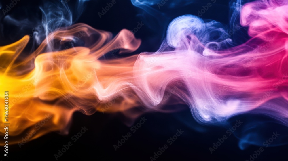 Poster vivid colors blend and twist in the air, showcasing fluid shapes and patterns against a dark backdro