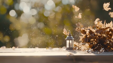 Autumn Leaves Falling with Lantern on Wooden Surface in Soft Sunlight Background