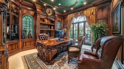 Elegant wooden office interior with ornate furniture and decor