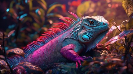 Fototapeta premium Vibrant, colorful iguana resting among lush foliage.