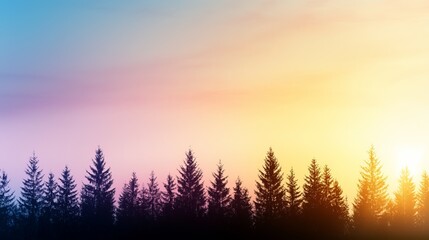 Obraz premium Tranquil Sunrise Over Forest Silhouettes with Soft Color Gradient