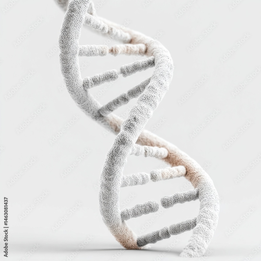 Poster a detailed 3d rendering of a dna double helix on a bright background.
