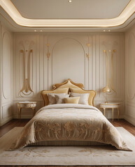 Beige hotel room interior with grandiose bed golden accents and aristocratic royal theme creating elegant luxurious room atmosphere Luxurious Bedroom Interior Design