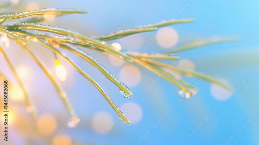 Poster water droplets cling to the tips of pine needles, creating a sparkling effect against a softly blurr