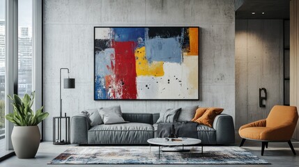Modern living room with abstract art and urban view