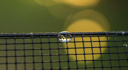 Single Water Droplet on Wire Mesh with Abstract Golden Bokeh Backdrop