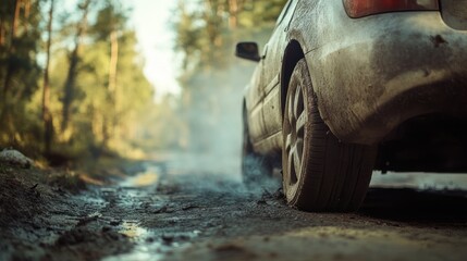 Adventurous expedition with a dusty car traversing a challenging muddy forest road