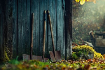 Three rustic shovels lean against a weathered wooden wall amidst fallen leaves and a mossy stone in autumn.
