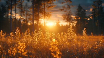 Golden sunset over a meadow in a pine forest