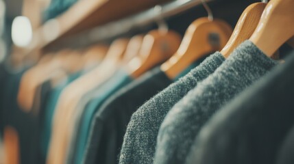 Obraz premium A collection of warm sweaters hangs on wooden hangers in a retail store, inviting shoppers as autumn sets in