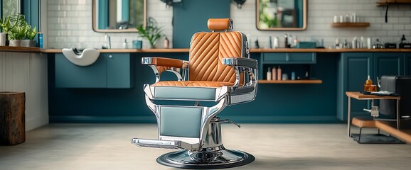 Barber shop interior with an ornate barber chair. Clean design with mirrors, decor