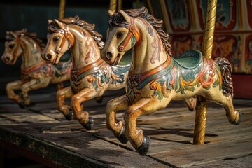 A vintage carousel featuring intricately painted horses on a weathered wooden platform, embodying timeless amusement park charm.
