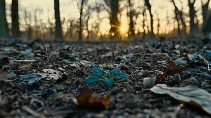 Obraz premium New Plant Growth in Early Spring at Sunset in a Forest Clearing