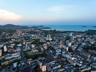 Obraz premium Aerial view of residential houses and driveways neighborhood.Tightly packed homes.Top view building houses in phuket thailand