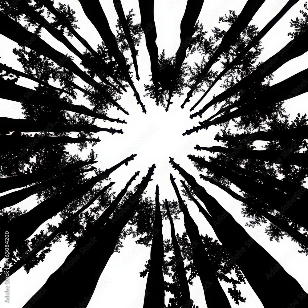 Poster worm's eye view of tall trees silhouetted against a bright sky creating a circular pattern effect