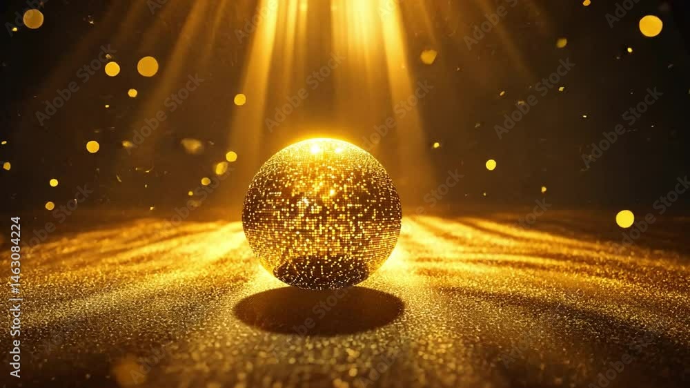 Aufkleber glowing golden sphere radiates light and sparkles, surrounded by shimmering particles in dark backgr