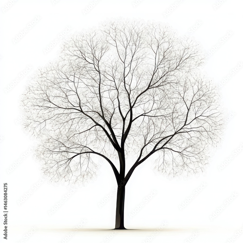 Poster isolated bare tree with intricate branch structure against a bright white background in winter seaso