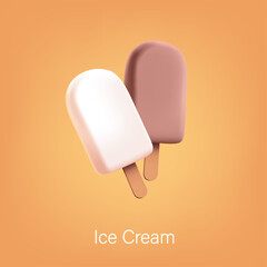 3D set of realistic ice cream in white and chocolate glaze on a stick. For summer sweet, cool dessert concepts. Advertising and discounts. Vector illustration.