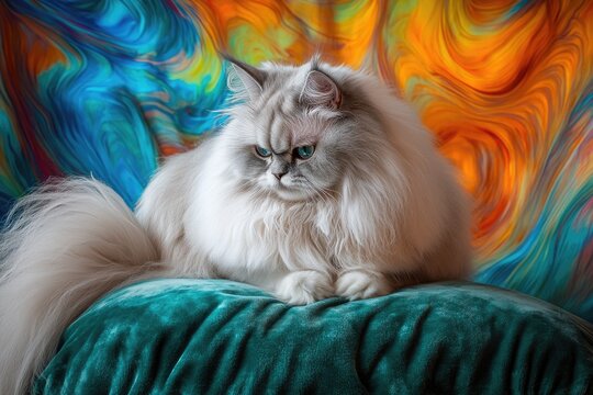 A fluffy white cat with striking blue eyes lounges regally on a teal cushion against a colorful backdrop. - Powered by Adobe