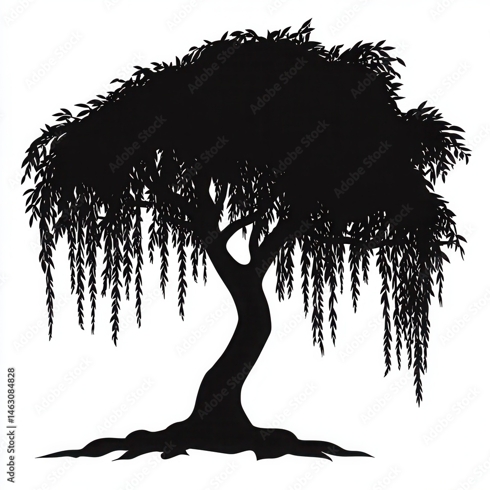 Poster silhouette of a weeping willow tree with hanging branches and visible roots against a white backgrou