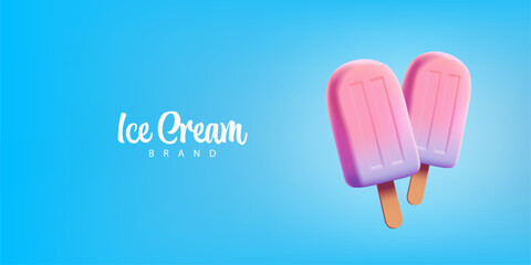 3D realistic cool ice cream on a blue background. Exciting banner for ice cream advertising and discount concepts. Summer offer. Vector illustration.