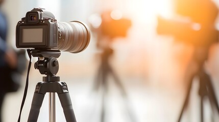 Professional Camera on Tripod with Blurred Background of Photography Equipment