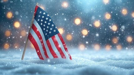 American flag in snow. Festive winter scene