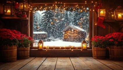 Cozy winter cabin with snowy mountain view