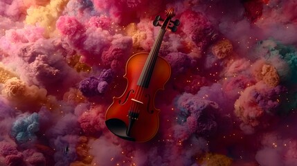 Fototapeta premium Violin Surrounded by Colorful Smoke and Cloudy Background in Vibrant Fantasy Scene