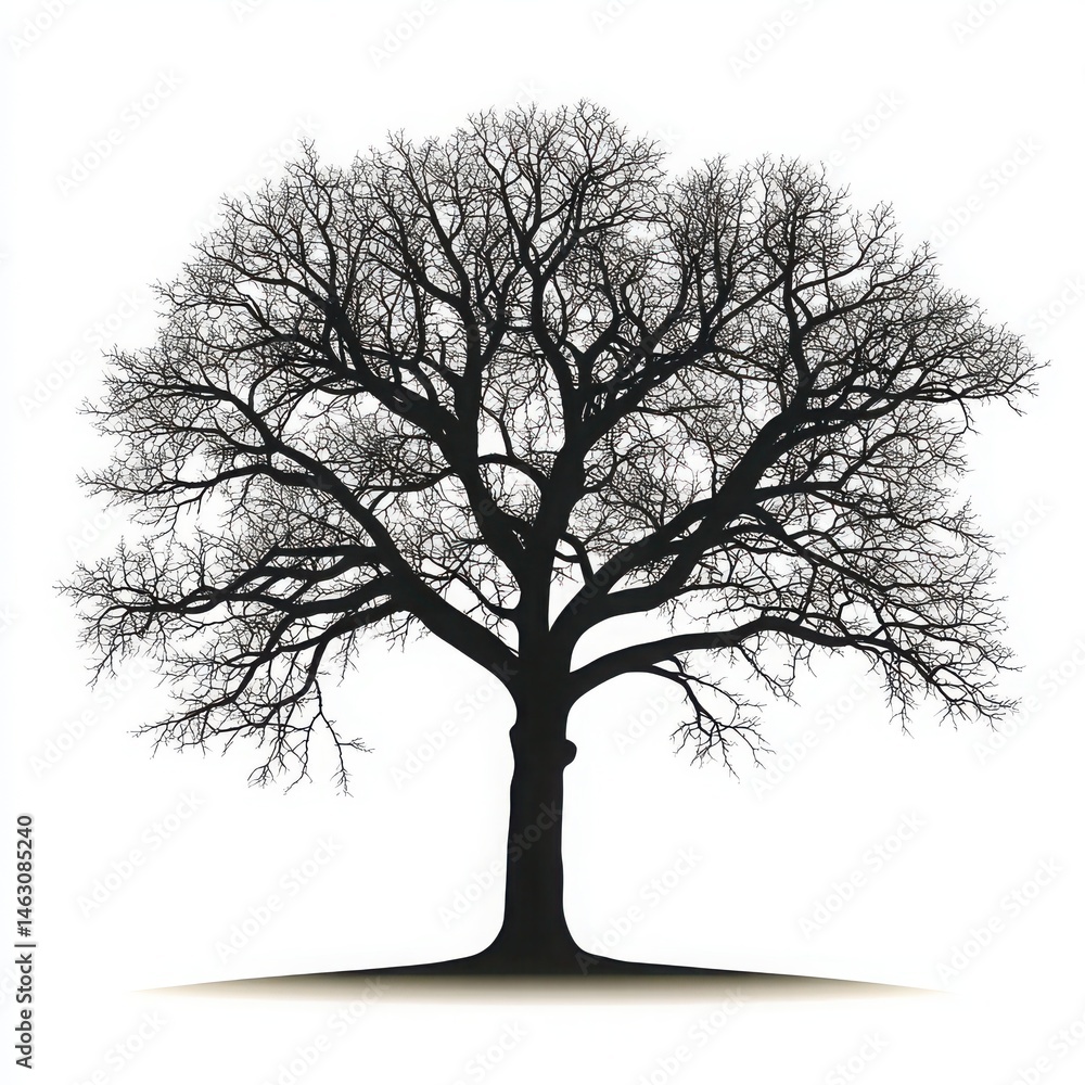 Poster silhouette of a bare tree with intricate branches against a stark white background in a minimalist s