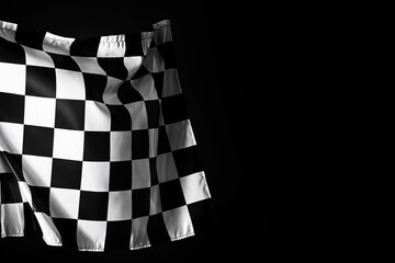 One racing checkered flag on black background, space for text