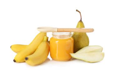 Baby food. Tasty puree in jar, spoon and ingredients on white background