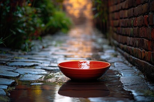 A vibrant red bowl sits on a wet stone path, reflecting in the shallow water with soft background.