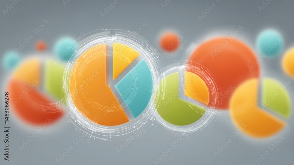 Poster Abstract 3D pie charts floating against a soft gray background for data visualization